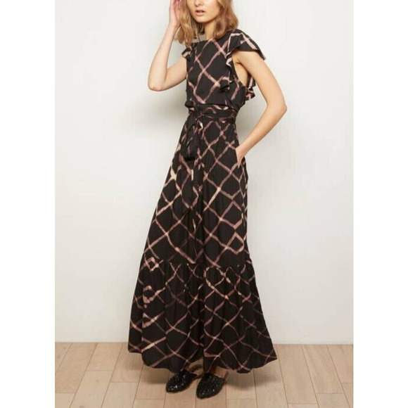 The Odells Seville Ruffle Maxi Dress Printed Tie Belt Pockets Black Size Small - Picture 11 of 16